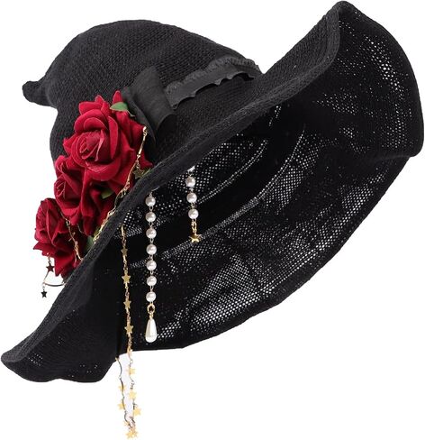Rose Witch Hat Lolita Knit Witch Hat for Women Girls Wide-Brimmed Hat for Halloween Party in Saudi Arabia