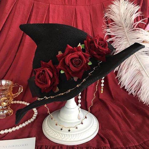 Rose Witch Hat Lolita Knit Witch Hat for Women Girls Wide-Brimmed Hat for Halloween Party in Saudi Arabia
