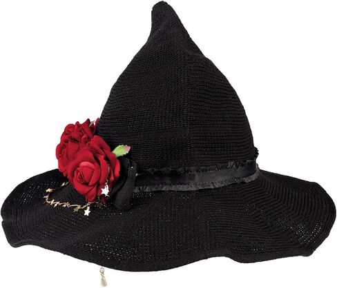 Rose Witch Hat Lolita Knit Witch Hat for Women Girls Wide-Brimmed Hat for Halloween Party in Saudi Arabia