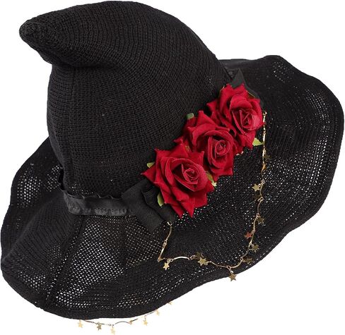 Rose Witch Hat Lolita Knit Witch Hat for Women Girls Wide-Brimmed Hat for Halloween Party in Saudi Arabia