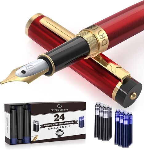 Dryden Designs Medium Nib Fountain Calligraphy Pen |12 Black & 12 Blue with Ink Refill Converter| No Leak, Smooth Flow, Consistent Writing | Left-and Right-Handed | Royal Red in Saudi Arabia