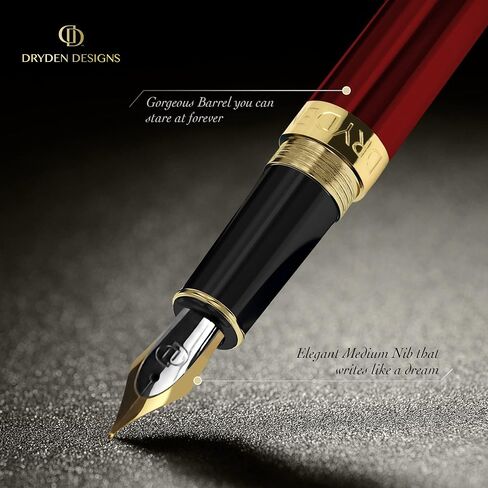 Dryden Designs Medium Nib Fountain Calligraphy Pen |12 Black & 12 Blue with Ink Refill Converter| No Leak, Smooth Flow, Consistent Writing | Left-and Right-Handed | Royal Red in Saudi Arabia