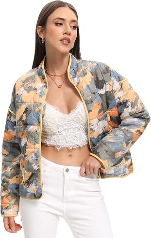 Women's Cropped Puffer Quilted Jacket Vintage Floral Lightweight Patchwork Padded Short Puffy Coat Outerwear in Saudi Arabia
