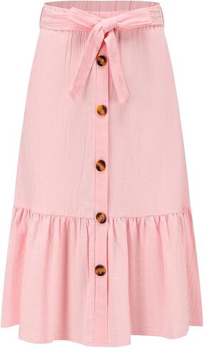 Girls Maxi Skirts Button Front High Waisted Long Skirt with Belt Ruffled Skirts with Pocke in Kuwait