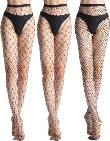 جوارب YAGAXI Fishnet للنساء - 3 أزواج سوداء عالية الخصر مثيرة شبكية الفخذ عالية الجوارب شبكة السمك جوارب طويلة مقاس واحد in Kuwait
