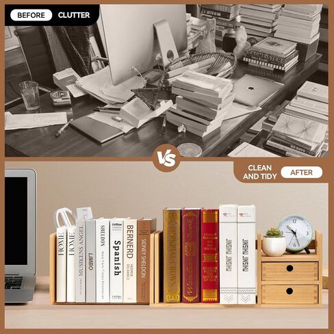 رف كتب خشبي قابل للتعديل من KIRIGEN، رف كتب قابل للتوسيع لسطح المكتب، خزانة كتب مجمعة بالكامل، رف كتب قابل للتعديل مع درج للمكتب SSSJ-L-DBR in Kuwait