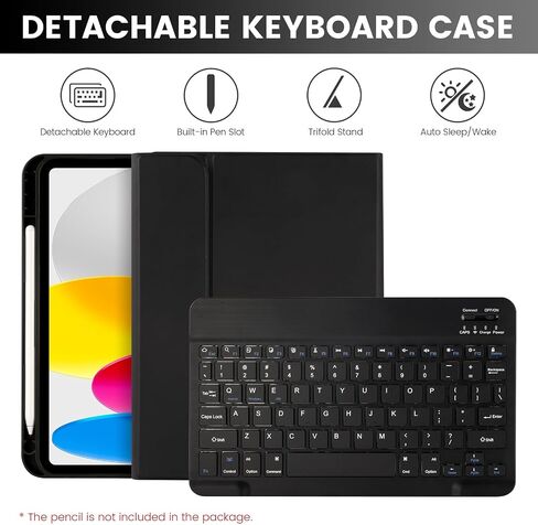 حافظة لوحة مفاتيح لجهاز iPad الجيل العاشر 10.9 بوصة 2022 (A2696/A2757/A2777)، حافظة لوحة مفاتيح ذكية نحيفة مع لوحة مفاتيح بلوتوث قابلة للفصل وحامل أقلام لجهاز iPad الجيل العاشر in Kuwait