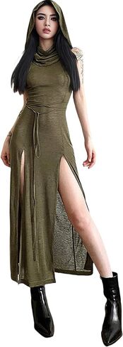 Sleeveless Gothic Hooded Maxi Dress Side Split Y2K Punk Sexy Fringe Bodycon Dresses for Women Club Night Out in Saudi Arabia