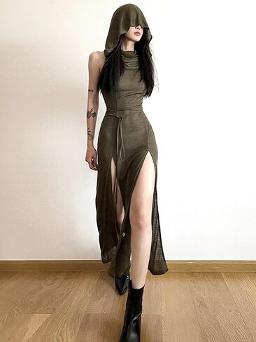 Sleeveless Gothic Hooded Maxi Dress Side Split Y2K Punk Sexy Fringe Bodycon Dresses for Women Club Night Out in Saudi Arabia