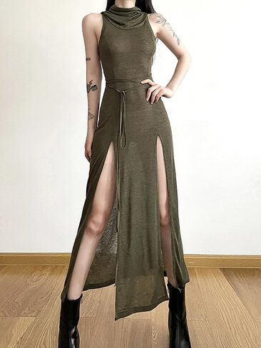 Sleeveless Gothic Hooded Maxi Dress Side Split Y2K Punk Sexy Fringe Bodycon Dresses for Women Club Night Out in Saudi Arabia