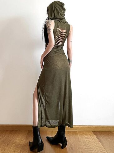 Sleeveless Gothic Hooded Maxi Dress Side Split Y2K Punk Sexy Fringe Bodycon Dresses for Women Club Night Out in Saudi Arabia