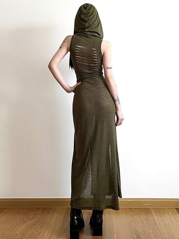 Sleeveless Gothic Hooded Maxi Dress Side Split Y2K Punk Sexy Fringe Bodycon Dresses for Women Club Night Out in Saudi Arabia