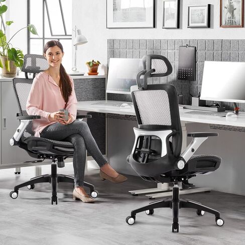 Ergonomic Mesh Office Chair with Footrest, High Back Executive Desk Chair with Adjustable Lumbar Support, Headrest and Tilt Lock, 4D Flip-up Arm-Grey in Saudi Arabia