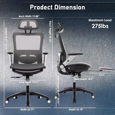 Ergonomic Mesh Office Chair with Footrest, High Back Executive Desk Chair with Adjustable Lumbar Support, Headrest and Tilt Lock, 4D Flip-up Arm-Grey in Saudi Arabia