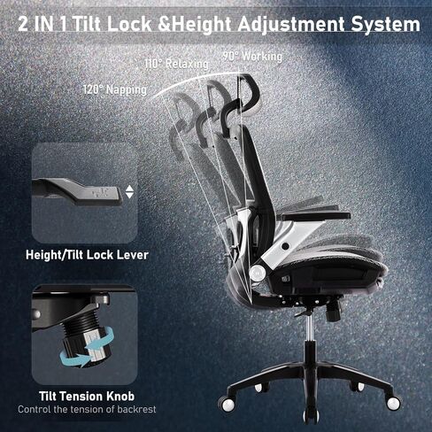 Ergonomic Mesh Office Chair with Footrest, High Back Executive Desk Chair with Adjustable Lumbar Support, Headrest and Tilt Lock, 4D Flip-up Arm-Grey in Saudi Arabia
