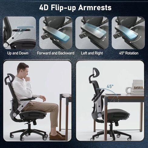 Ergonomic Mesh Office Chair with Footrest, High Back Executive Desk Chair with Adjustable Lumbar Support, Headrest and Tilt Lock, 4D Flip-up Arm-Grey in Saudi Arabia