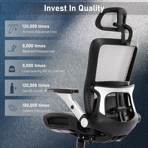 Ergonomic Mesh Office Chair with Footrest, High Back Executive Desk Chair with Adjustable Lumbar Support, Headrest and Tilt Lock, 4D Flip-up Arm-Grey in Saudi Arabia