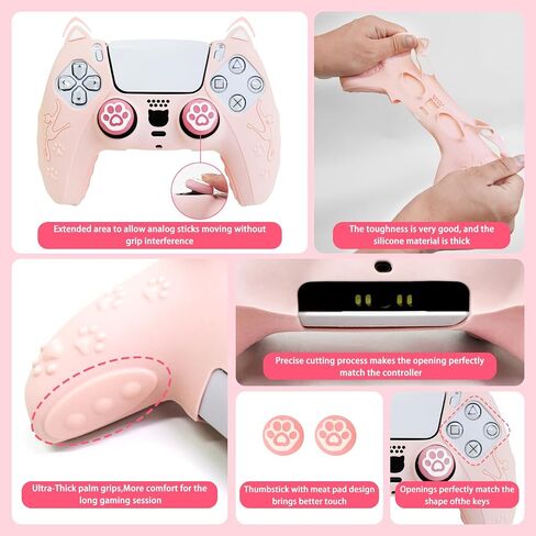 Cute Cat Paw PS5 Controller Skins,Pink Protective Silicone Cover Skin Grips Compatible with PS5 Controller + 2 PCS Cute Cat Paw Grips Caps. in Saudi Arabia
