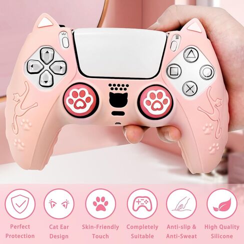 Cute Cat Paw PS5 Controller Skins,Pink Protective Silicone Cover Skin Grips Compatible with PS5 Controller + 2 PCS Cute Cat Paw Grips Caps. in Saudi Arabia