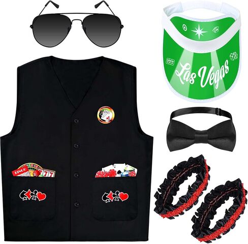 طقم أزياء كازينو Honic 5 قطع مع سترة تاجر الكازينو، قبعة بواقٍ للشمس، شارة ربطة عنق، نظارات شمسية للبالغين، ليلة لعبة الهالوين in Kuwait