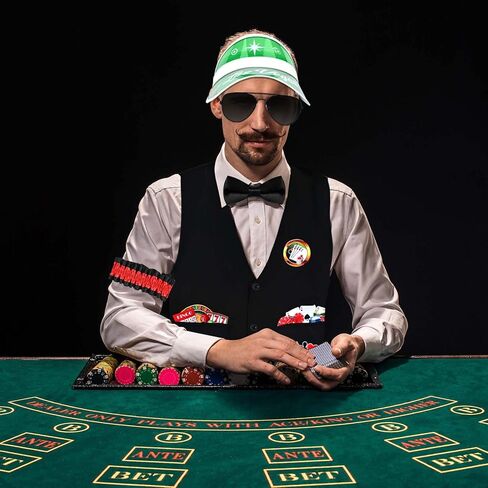 طقم أزياء كازينو Honic 5 قطع مع سترة تاجر الكازينو، قبعة بواقٍ للشمس، شارة ربطة عنق، نظارات شمسية للبالغين، ليلة لعبة الهالوين in Kuwait