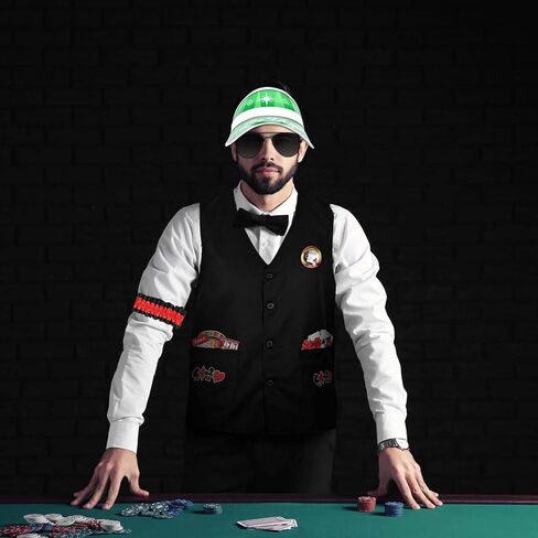 طقم أزياء كازينو Honic 5 قطع مع سترة تاجر الكازينو، قبعة بواقٍ للشمس، شارة ربطة عنق، نظارات شمسية للبالغين، ليلة لعبة الهالوين in Kuwait