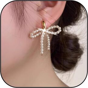 Pearl Bow Earrings Pearl Earrings for Women Bow Earrings Gold Pearl Hoop Earrings Trendy Christmas Gifts for Women 2024
