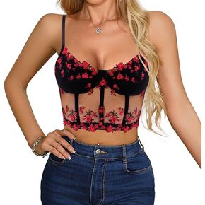 TYNORA Women's Mesh Floral Embroidery Spaghetti Strap Cami Crop Tops Lace Trim Bralette Cami Bustier Top Nightclub