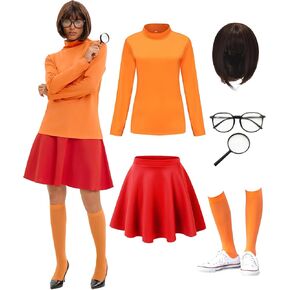 6PCS Women's Halloween Costume Set - Brown Wig, Turtleneck Top, Skirt, Magnifying Glass, Socks, Glasses
