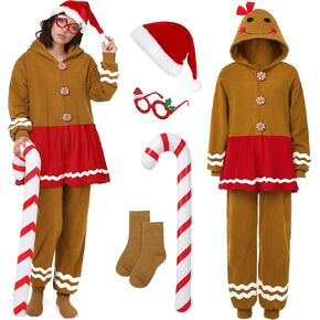 SOMSOC Women Gingerbread Costume Adult Christmas Flannel Fleece Pajama Gingerbread Onesie Cosplay with Hat Socks Glasses Cane