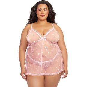 Dreamgirl Women's Plus Size Babydoll & G-String Set with Sequin Hearts