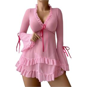 Verdusa Women's 2 Piece Sheer Mesh Lingerie Set Ruffle Long Sleeve Dress with Thong
