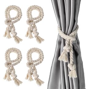 4 Pcs Curtain Tiebacks Rope Cotton Window Treat Belt Home Village Rustic Braided Curtain Holdback Ties for Sheer Outdoor Drapery Patio Drapes Farmhouse Boho