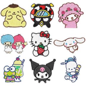 9 Pcs Kawaii Cartoon Anime Iron on Patches Cute Kitty Twin Stars Cinnamon Character Sew on Repair Embroidered Applique Exquisite DIY Craft Accessories Gifts for Kids Girls Women Clothing Backpack Hat