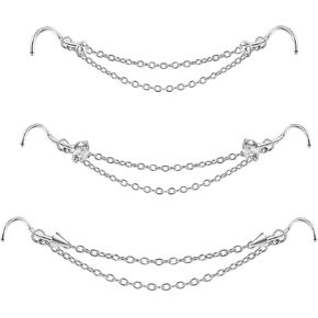 Nose Ring Chain Across Nose Stainless Steel Nostril Nose Piercing Chain with Cubic Zirconia Nose Screw Bone L-Shaped Ring for Women Men Body Piercing Nostril Jewelry with Bridge Chain