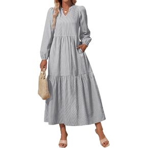 NENONA Women's 2024 Striped Long Sleeve V Neck Casual Loose Flowy Tiered Maxi Dresses with Pockets