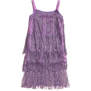 Little Kids Girls Sequin Fringe Dress Sparkly Tassels Sleeveless Latin Dance Dress Dancer Outfits for Girls