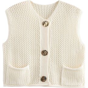 Arssm Womens Cropped Sweater Vest Crochet Chunky Knit Vest Casual Sleeveless Button Down Knitted Sweater Vest