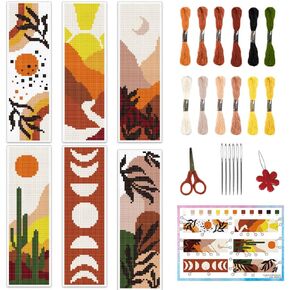 INFUNLY 6PCS Boho Cross Stitch Bookmark Kits 8''x2.4'' Landscape Bookmark Making Kit Moon Phases DIY Stamped Embroidery Bookmarks for Beginners with Instruction for Book Lovers Reader Writers Gift