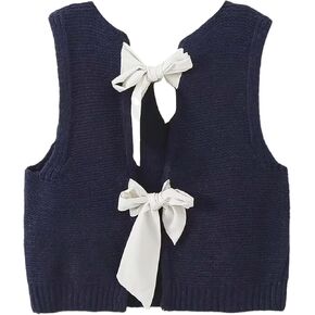 Seyurigaoka Women Y2K Bow Tie Back Sweater Vest Vintage Crochet Knit Crop Vest Sleeveless Tank Cardigans Going Out Tops