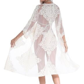 Women's mesh Lace Cardigan Floral Crochet Sheer Beach Cover Up Long Kimono