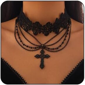 Gothic Black Lace Choker Necklace for Women Goth Crystal Pendant Necklace Vintage Vampire Choker Necklace Christmas Halloween Birthday Jewelry Accessories