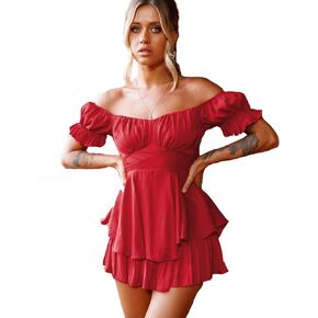 Women's Boho Off Shoulder Romper Tie Up Back Ruffle Short Sleeve Romper Chiffon Short Jumpsuit