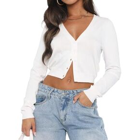 LEEDYA Women's Long Sleeve Cardigans Open Front Knit Cropped Sweaters Fall V Neck Button Down Jacket Tops