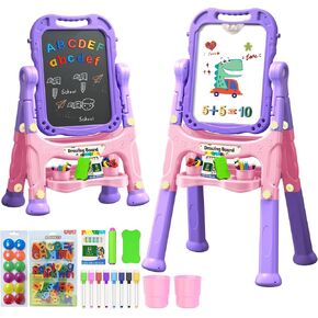 Art Easel for Kids Double Sided Magnetic Drawing Board with Letters & Numbers, Adjustable Standing Easel for Toddlers, Creative Play & Learning Toys for Girls - Purple