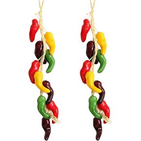 2Pcs Artificial Hanging Pepper String Fake Colorful Bell Peppers Skewers Simulation Faux Pepper Vegetable Garland Model Ornaments for Home Kitchen Farmhouse Party Wall Decorations Photography Props