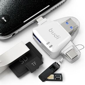 BUDI Multi-Port 6 in 1 Universal SD TF Card Reader, USB C/Micro SD/TF Memory Card Reader, Multiport Adapter, Compatible with iPhone, Mac Book Pro and More USB C Devices(White)
