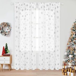 FRAMICS Christmas Curtains, Foil Print Gold Snowflake Curtains, Sheer Christmas Curtains for Living Room 2 Panels, Rod Pocket Red Christmas Snowflake Window Curtains, 52" W x 84" L