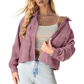 IWOLLENCE Women's Cropped Shacket Jacket Fashion Button Down Corduroy Shacket Jackets Casual Crop Shirts Fall Coat Tops