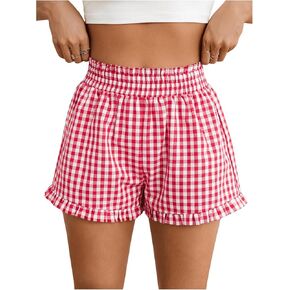SHENHE Women's Y2k Cute Gingham Shorts Smocked Paper Bag Shorts Plaid Wide Leg Ruffle Shorts